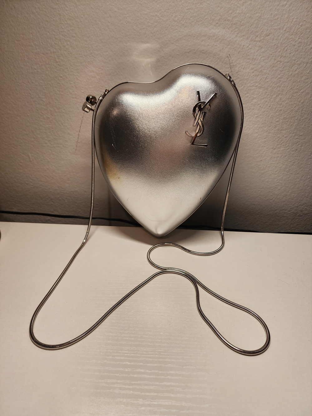 Yves Saint Laurent Metallic Silver Heart Love Box Crossbody Bag Authentic